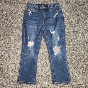 judy blue capri fit jeans Hi Rise Darkwash Destressed Stretch Sz 9/29,21" Inseam